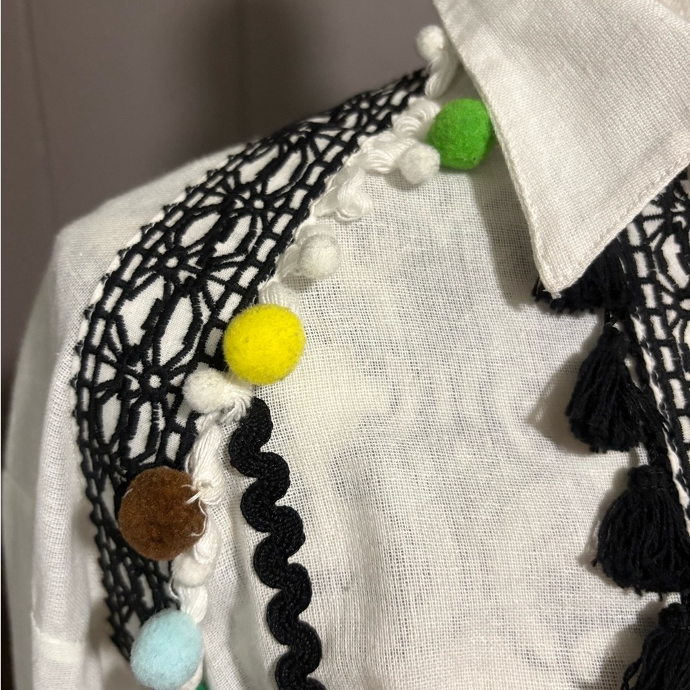 DODO BAR OR Delilah White and Black Embroidered Romper with Colorful Pom Pom - Picture 9 of 9